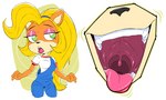 anthro blonde_hair clothing eyeshadow female fur gaping_mouth green_eyes hair makeup mouth_shot open_mouth orange_body orange_fur overalls solo tongue tongue_out uvula lecigzz activision crash_bandicoot_(series) coco_bandicoot bandicoot mammal marsupial 2023