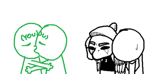 ambiguous_gender anthro bald chibi clothed clothing featureless_face female group hair humor kissing long_hair male unknown_artist cavemanon_studios goodbye_volcano_high ko_op_(game_developer) snoot_game anon anon_(snoot_game) fang_(gvh) human mammal prehistoric_species pterosaur reptile scalie monochrome