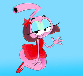 antennae_(anatomy) big_butt black_eyes blue_background blue_eyeshadow brown_hair butt closed_smile clothed clothing dress eyelashes eyeshadow female footwear gesture hair long_eyelashes looking_at_viewer makeup mouth_closed pink_antennae pink_body pink_skin red_clothing red_dress red_footwear red_shoes shoes short_hair simple_background small_waist smile solo thick_thighs wave waving waving_at_viewer ota_(artist) hanna-barbera the_snorks daffney_gillfin snork hi_res