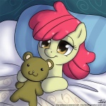 1:1 apple_bloom_(mlp) bed bedding blanket digital_media_(artwork) earth_pony equid equine eyelashes female feral friendship_is_magic fur furniture hair hasbro horse john_joseco mammal my_little_pony pillow pony red_hair shaded smile solo tired yellow_body yellow_fur