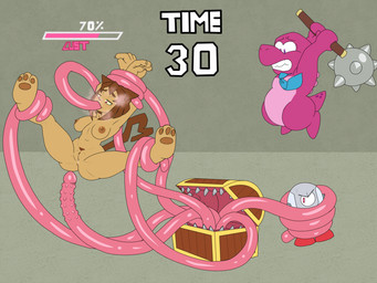 anthro areola biped breasts brown_body brown_hair female genitals group hair holding_mace machine male male/female nipples nude penis_tentacles pink_body pink_tentacles pubes restrained restrained_by_tentacles sharp_teeth simple_background spread_legs spreading teeth tentacle_fellatio tentacles text vulva lurking_tyger gameoverse glitch_productions gobbles_(gameoverse) kaboodle_(gameoverse) kit_bodega dinosaur domestic_cat felid feline felis mammal mimic prehistoric_species reptile robot scalie 4:3 hi_res