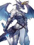 anthro armor armored_gloves big_tail blue_wings breasts clothed clothing female grey_body grey_scales holding_melee_weapon holding_object holding_sword holding_weapon horn knight melee_weapon membrane_(anatomy) membranous_wings non-mammal_breasts pouch_(clothing) red_eyes scales simple_background solo spread_wings sword tail warrior weapon wings nonoka917 mythology dragon mythological_creature mythological_scalie scalie artist_name digital_media_(artwork) hi_res