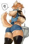 anthro big_breasts bottomwear breasts butt butt_pose clothed clothing female fingerless_gloves gloves handwear huge_breasts jacket kemono pose shorts simple_background solo standing topwear underbutt white_background nia4294 canid canine mammal digital_media_(artwork) hi_res