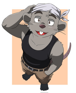 4_toes anthro biped black_clothing black_shirt black_topwear blush bottomwear clothing feet fur grey_body grey_fur kemono male open_mouth pants shirt simple_background solo standing toes topwear letter_route morenatsu chuukichi_mori mammal mouse murid murine rodent 2026 hi_res
