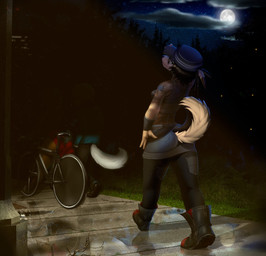 bicycle biped boots bottomwear building clothed clothing cloud darkness denim denim_bottomwear denim_clothing floor footwear forest fully_clothed glistening grass group hat headgear headwear jeans lamp lantern leggings legwear light moon night outside pants plant raining reflection shoes skirt skyscraper spotlight star tree vehicle walking wet wood takeo_s samantha_s canid canine canis domestic_dog felid feline fox german_shepherd herding_dog hybrid lynx mammal mustelid otter pastoral_dog digital_media_(artwork) full-length_portrait hi_res portrait