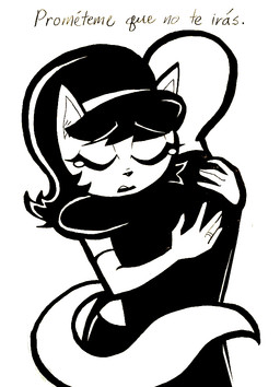 accessory anthro bald bodily_fluids dialogue duo eyelashes eyes_closed female fingers fluffy fluffy_tail hair_accessory hairband hug long_tail male male/female open_mouth ring ring_(jewelry) tail tears text mateora nickelodeon t.u.f.f._puppy kitty_katswell domestic_cat felid feline felis human mammal 2023 black_and_white monochrome spanish_text