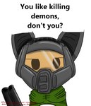 ambiguous_gender armor gun headgear helmet looking_at_viewer male ranged_weapon shotgun solo text weapon valorious_graham boy_kisser_(meme) doom_(series) id_software microsoft silly_cat_(mauzymice) felid feline mammal english_text hi_res meme