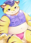 anthro belly blush bulge clothing fur hair jockstrap male overweight purple_hair solo striped_body striped_fur stripes topwear underwear vest young maru_maru_0318 tamacolle kai_(tamacolle) felid mammal pantherine tiger hi_res