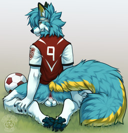 amber_eyes anthro backsack ball ball_tuft balls clothing feet fluffy fluffy_tail fur genitals looking_at_viewer looking_back male pawpads paws pose posing_for_picture seductive soccer_ball soccer_jersey soccer_player soccer_uniform solo sportswear tail teal_body teal_fur tuft undressed uniform white_body white_fur yellow_body yellow_fur butteredshep zeni_(zeni_folf) canid canine canis fox hybrid mammal wolf absurd_res hi_res
