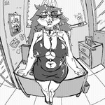 anthro belly big_breasts breasts clothing female fluffy_ears footwear hair high_heels hoka_dragon lencerie manga_style office_lady overweight shoes solo text vikernes_dutchie mythology dragon mythological_creature mythological_scalie scalie 1:1 absurd_res black_and_white digital_media_(artwork) english_text hi_res monochrome pixel_(artwork)