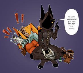 5_fingers 5_toes anthro bodily_fluids bodysuit boots butt clothed clothing crying dialogue discarded_footwear drooling duo emanata exclamation_point feet female fingers footwear fur green_eyes grey_body grey_fur grey_hair hair hat headgear headwear hood humanoid_feet laugh plantigrade potion_bottle purple_background saliva shadow_face shoes simple_background skinsuit speech_bubble stirrup_footwear tail tears text tickle_torture tickling tight_clothing toeless_footwear toes freakwithatag dog_knight_rpg cylia_(freakwithatag) orinette_(ceehaz) anubian_jackal borzoi canid canine canis domestic_dog hunting_dog jackal mammal sighthound 2026 absurd_res english_text hi_res