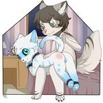 anthro bed bedroom black_nose claws duo female furniture genitals green_eyes lying male male/female nude on_front pawpads pink_nose pink_pawpads pussy spank_marks tail tongue tongue_out white_pawpads young young_anthro young_female young_male lobadelaluna floofy_(character) justin_(floofy) canid canine canis felid mammal wolf 1:1 hi_res