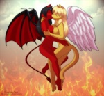 anthro big_breasts black_hair blonde_hair breast_squish breasts breasts_frottage duo eyes_closed feathered_wings feathers female female/female fire flying french_kissing hair hand_behind_head hand_on_hip kissing love membrane_(anatomy) membranous_wings nude red_body side_boob side_view spade_tail squish tail wings yellow_body creamytea angelina_onyx natasha_onyx angel demon domestic_cat felid feline felis mammal