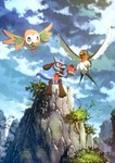 2018 ambiguous_gender apple beak cloud day detailed_background feathered_wings feathers flying food fruit generation_3_pokemon generation_4_pokemon generation_7_pokemon group hi_res karamimame leaf nintendo open_mouth open_smile plant pokemon pokemon_(species) red_eyes riolu rock rowlet sitting sky smile taillow trio wings