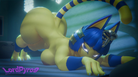 3_toes 4_fingers all_fours anthro areola ass_up bed big_breasts big_butt blue_claws blue_eyes blue_hair bob_cut breasts brown_areola brown_nipples butt claws dark_areola dark_nipples egyptian feet female fingers furniture glowing glowing_eyes hair inside light light_beam looking_at_viewer markings nipples nude on_bed pillow raised_tail solo stretching striped_markings striped_tail stripes tail tail_markings text thick_thighs toes uraeus wide_hips yellow_body lpyro9 warfaremachine_(modeler) animal_crossing nintendo ankha_(animal_crossing) warfare_ankha domestic_cat felid feline felis mammal 16:9 3d_(artwork) digital_media_(artwork) full-length_portrait hi_res portrait url watermark widescreen