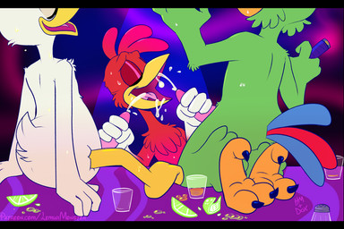 3_toes anthro anthro_on_anthro avian_feet beverage black_bars bodily_fluids butt cigar container cum cum_in_mouth cum_inside cumshot cup double_handjob ejaculation eyes_closed feathers feet food fruit genital_fluids genitals glass glass_container glass_cup group group_sex handjob lime male male/male membrane_(anatomy) orgasm party penile penis plant sex tail tail_feathers talons threesome toes trio webbed_feet disney the_three_caballeros donald_duck jose_carioca panchito_pistoles anatid anseriform avian bird chicken duck galliform gallus_(genus) parrot phasianid letterbox