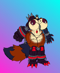 anthro areola barbell_piercing big_breasts black_areola black_body black_nipples blue_background breasts countershading female genitals headless huge_breasts machine multicolored_body nipple_barbell nipple_piercing nipples nude piercing red_body simple_background solo tan_body tan_countershading vulva pseudo_retriever canid canine mammal raccoon_dog robot robot_anthro tanuki 2025 hi_res