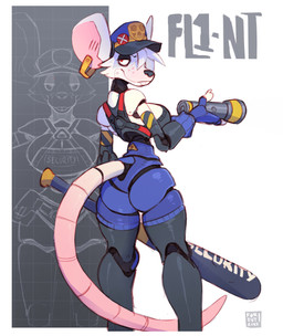 anthro big_breasts black_body blue_body breasts female flashlight freckled_face freckles hair holding_bat holding_flashlight holding_object looking_at_viewer looking_back looking_back_at_viewer machine multicolored_body red_eyes segmented_body solo tail wearing_hat white_body white_hair foresttherotten officer_flint_(foresttherotten) animatronic mammal murid murine rat robot rodent 2025 hi_res
