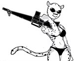 anthro bikini black_bikini black_clothing black_nose black_swimwear clothing eyewear female gun holding_object holding_weapon long_tail ranged_weapon smile sunglasses swimwear tail two-piece_swimsuit weapon unknown_artist lyla_(ehs) cheetah felid feline mammal pantherine monochrome