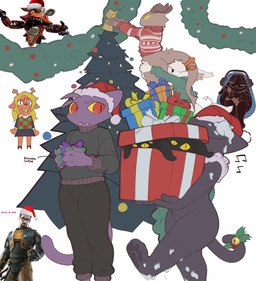 4_fingers 4_toes 5_fingers accessory ambiguous_gender anthro anthro_on_anthro antlers armor beard big_butt big_horn black_bottomwear black_clothing black_eyes black_hooves black_pants black_pawpads black_skirt black_sweater black_tail black_topwear blonde_hair blush bodily_fluids bottomless bottomless_anthro bottomless_male bottomwear brown_antlers brown_hair buckteeth butt carrying_another checkered checkered_clothing checkered_shirt checkered_topwear cheek_tuft christmas_clothing christmas_decorations christmas_headwear christmas_sweater christmas_topwear christmas_tree christmas_wreath clothed clothing cloven_hooves cookie curled_horn curvy_figure cute_fangs eating_cookie electronics eyewear face_on_butt facial_hair facial_tuft fangs featureless_crotch feet female femboy fingers food freckles fully_clothed fur furgonomics gift glasses green_clothing green_sweater green_topwear grey_body grey_fur grey_horn grey_tail hair hand_on_hip hat head_tuft headgear headphones headwear holding_another holding_gift holding_object holidays hooves horn light_body light_skin long_tail machine male multicolored_clothing multicolored_shirt multicolored_topwear musical_note musical_symbol nervous nervous_sweat nude one_eye_closed open_mouth pants pattern_clothing pattern_shirt pattern_topwear pawpads plant pupils purple_body purple_fur purple_tail red_eyes red_nose ribbed_clothing ribbons ringed_eyes santa_hat shirt simple_background sitting skirt slit_pupils smile snow_on_body spade_tail spiral spiral_eyes sweat sweatdrop sweater symbol tail tail_accessory tail_ribbon teeth tentacles text thick_thighs toes topwear tree tuft white_background white_body white_fur white_pupils white_sclera white_tail wide_hips yellow_sclera k1ko christmas deltarune five_nights_at_freddy's half-life scottgames undertale_(series) valve eki_(k1ko) foggy_(k1ko) foxy_(fnaf) gordon_freeman javi_(k1ko) k1ko_(character) noelle_holiday animatronic deer demon domestic_cat felid feline felis human mammal new_world_deer reindeer robot tentacle_creature 2025 colored dated digital_drawing_(artwork) digital_media_(artwork) english_text hi_res meme shaded