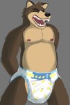 ageplay anthro black_nose bodily_fluids brown_body cheek_tuft clothed clothing diaper erection erection_in_diaper eyes_closed facial_tuft fangs front_view grey_background head_tuft infantilism male nipples open_mouth pattern_diaper red_nipples red_tongue roleplay simple_background solo sweat tan_body teeth tongue tuft wearing_diaper white_diaper blepishepi bear mammal hi_res portrait three-quarter_portrait