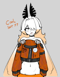 antennae_(anatomy) back_wings bangs bomber_jacket choker clothing cropped_jacket eyeliner femboy hair hair_over_eye highlights_(coloring) jacket jewelry long_bangs long_hair makeup male navel necklace shirtless shirtless_male simple_background slim solo text topwear underwear white_body wings probablyavv mars_(probablyavv) arthropod humanoid insect lepidopteran moth