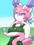 anthro apron apron_only blue_eyes blush breasts clothing eye_roll female fur medium_breasts nipples_visible_through_clothing pink_body pink_fur ribbons ribbons_(anatomy) simple_background solo senderlol nintendo pokemon starbucks eeveelution generation_6_pokemon humanoid pokemon_(species) sylveon absurd_res hi_res