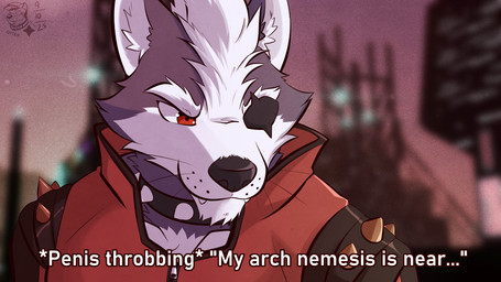 anthro collar cyberpunk eye_patch eyewear humor male smile solo spidey_sense spiked_collar spikes teasing text whiskers ventkazemaru nintendo star_fox wolf_o'donnell canid canine canis mammal wolf english_text hi_res subtitled