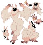 anthro beak biped dark_face female feral looking_at_viewer pawpads paws solo standing text white_eyes hanaarts avian bird owl 2024 digital_drawing_(artwork) digital_media_(artwork) english_text handwritten_text hi_res model_sheet multiple_images sketch_page