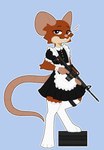 ambiguous_gender anthro apron blue_background brown_body brown_eyes brown_fur buckteeth clothed clothing countershading cuffs_(clothing) eyebrows footwear fully_clothed fur gun holding_gun holding_object holding_ranged_weapon holding_rifle holding_weapon legwear maid_uniform raised_eyebrows ranged_weapon rifle simple_background smug_face socks solo standing teeth thigh_highs trigger_discipline uniform weapon white_clothing white_footwear white_socks dignotion konno_(miwauturu) mammal mouse murid murine rodent digital_media_(artwork) hi_res nonbinary_(lore)