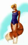 anthro blonde_hair bulge clothed clothing crossdressing detailed_bulge femboy freckles genital_outline hair male penis_outline school_swimsuit smile solo swimwear kaeaskavi suka ailurid mammal red_panda absurd_res hi_res