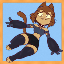 anthro brown_hair brown_tail clothed clothing collar cosplay crossover_cosplay female hair looking_at_viewer midriff navel smile solo spiked_collar spikes tail voice_actor_joke whiskers avi-da-gremlin gameoverse glitch_productions hellaverse helluva_boss kit_bodega loona_(helluva_boss) domestic_cat felid feline felis mammal 1:1 absurd_res crossover hi_res