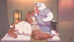 2019 anthro barazoku bed belly blush bottomwear butt clothed clothing detailed_background duo felid fur furniture hi_res humanoid_hands lagomorph leporid male male/male mammal moobs navel nipples overweight overweight_male pantherine pants piero03432812 rabbit shirt shorts tiger topless topwear white_body white_fur
