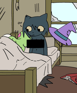 anthro bed bed_sheet bedding blue_body blue_ears blue_fur blue_hair book censor_bar clothing cracked_glass detailed_background duo female female/female female_anthro fur furniture green_body green_skin hair hat headboard headgear headwear inside mouth_closed nude nude_anthro nude_female on_pullow purple_clothing purple_hat purple_headwear sitting text under_covers wall_(structure) window witch_hat xarop77 catwitch_(xarop77) grefina_(noirchaton4) amphibian domestic_cat felid feline felis frog mammal 2025 digital_drawing_(artwork) digital_media_(artwork) hi_res