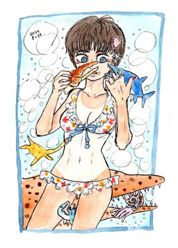 ambiguous_feral ambiguous_gender bikini bite blue_eyes breasts brown_hair bubble cleavage clothed clothing colored_nails crab_claw female female_human feral finger_bite finger_in_mouth fingernails frilly frilly_bikini frilly_clothing frilly_swimwear group hair humanoid_hands nails navel open_mouth red_fingernails red_nails sharp_teeth short_hair startled suntan swimwear tan_line teeth two-piece_swimsuit underwater water kyokyota aquatic cephalopod eel fish human mammal mollusk nautilus species_request 2014 dated hi_res painting_(artwork) pen_(artwork) traditional_media_(artwork) traditional_painting_(artwork) traditional_watercolor_(artwork) watercolor_(artwork)
