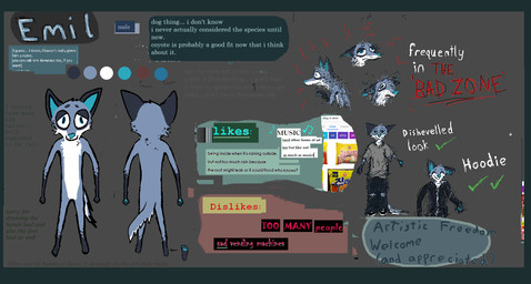 anthro black_bottomwear black_clothing black_hoodie black_pants black_topwear blue_body blue_border blue_fur blue_inner_ear blue_tail border bottomwear clothed clothed_anthro clothed_male clothing color_swatch expressionless fully_clothed fully_clothed_anthro fully_clothed_male fur grey_background grey_clothing grey_shirt grey_topwear hoodie male nude_anthro nude_male pants paws shirt simple_background smile solo tail text topwear white_body white_fur demensa emil_(demensa) canid canine canis coyote mammal 2018 character_name digital_media_(artwork) english_description english_text hi_res model_sheet pixel_(artwork)