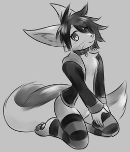 anthro big_ears chest_tuft clothing collar female fluffy fluffy_tail footwear heart_symbol jacket kneeling legwear mostly_nude smile socks solo tail thigh_highs topwear tuft two_tone_tail whiskers tetsushi jessica_whiteclawz canid canine canis fennec_fox fox hybrid mammal true_fox wolf greyscale low_res monochrome