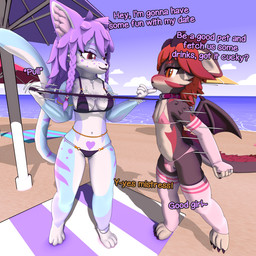 anthro bdsm beach beach_towel beach_umbrella bikini bikini_bottom bikini_top blush breasts chastity_key claws clothed clothing collar crossdressing cuck_collar cuckold digit_ring duo female femboy fur gender_play good_girl hair hotwife jewelry leash leash_pull legwear male married_couple misgendering ordering outside parasol petplay ring roleplay sand seaside sky smile submissive submissive_male swimwear tail text thigh_highs towel two-piece_swimsuit warmers water wedding_ring nolanhaldam mythology elaine_catmint nolan_the_cuck domestic_cat dragon felid feline felis mammal mythological_creature mythological_scalie scalie 1:1 3d_(artwork) blender_(artwork) blender_eevee_(artwork) digital_media_(artwork) english_text hi_res