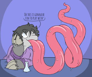 after_transformation anthro big_tongue bodily_fluids dialogue dripping head_on_hand hyper hyper_tongue long_tongue looking_at_viewer male potion prehensile_tongue saliva saliva_drip solo text tongue tongue_fetish tongue_out mikey6193 mikey_(mikey6193) english_text hi_res
