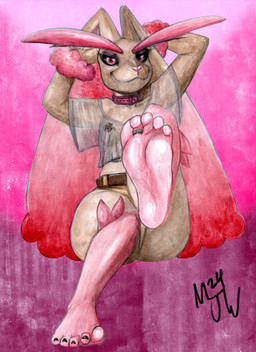 5_toes anthro areola belt black_nail_polish black_nails black_sclera breasts brown_body brown_nipples clothing collar colored_nails countershade_feet countershading crop_top digit_ring feet female foot_focus fur humanoid_feet jewelry long_ears looking_at_viewer nails nipples pink_background pink_body pink_collar pink_eyes pink_fur plantigrade ring shirt simple_background sitting small_breasts smile soles solo toe_ring toes topwear translucent translucent_clothing mjw_darkmode nintendo pokemon generation_4_pokemon lagomorph leporid lopunny mammal pokemon_(species) shiny_pokemon 2024 absurd_res hi_res signature traditional_media_(artwork)