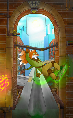 anthro armor brick_wall building city clothing cloud eyewear glasses gloves handwear hoverboard neon_lights outside science_fiction skating sky solo sun sunglasses wall_(structure) pankallisti canid canine fox mammal 2015 hi_res