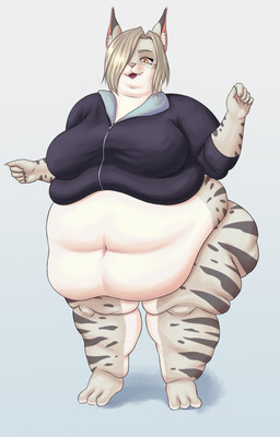 anthro belly big_belly big_breasts bottomless breasts clothed clothing deep_navel female fur hair huge_thighs jacket markings navel obese obese_anthro obese_female one_eye_obstructed open_mouth overweight overweight_anthro overweight_female solo spots spotted_body spotted_fur thick_thighs topwear yellow_eyes banisuella the_invisible_man_and_his_soon-to-be_wife luna_jarashi bobcat felid feline lynx mammal 2026 absurd_res hi_res