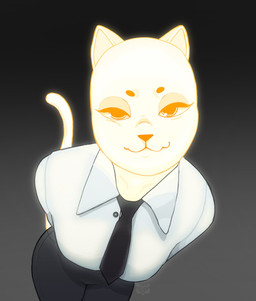 accessory anthro big_breasts big_butt breasts butt clothing female flirting_look fur glowing glowing_body glowing_fur looking_at_viewer necktie shirt simple_background smile solo suit tail topwear white_clothing white_shirt white_topwear yellowracc mouser_(yellowracc) animal_humanoid cat_humanoid domestic_cat felid felid_humanoid feline feline_humanoid felis humanoid mammal mammal_humanoid hi_res