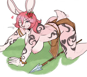 all_fours anthro arm_tattoo bottomwear clothed clothing female fur grass hair inner_ear_fluff loincloth loincloth_only looking_at_viewer melee_weapon nipple_piercing nipples on_grass on_ground one_eye_closed piercing pink_body pink_fur pink_hair plant polearm solo spear tattoo tongue tongue_out topless topless_anthro topless_female tribal tribal_tattoo tuft weapon wink winking_at_viewer akoshak lagomorph leporid mammal rabbit hi_res