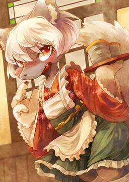 anthro asian_clothing blush claws clothed clothed_anthro clothed_male clothing crossdressing crossdressing_male cute_fangs east_asian_clothing fangs femboy finger_claws freckles fur hair japanese_clothing kemono legwear looking_at_viewer maid_uniform male male_anthro open_mouth solo tail teeth thigh_highs tongue uniform young young_anthro young_male g_(artist) canid canine canis mammal wolf 2024 absurd_res digital_media_(artwork) hi_res