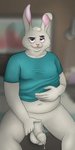 1:2 absurd_res anthro benson_(slylemur) bodily_fluids bottomless clothed clothing foreskin genital_fluids genitals hare hi_res lagomorph leporid long_foreskin male mammal overweight overweight_anthro overweight_male partially_clothed penis precum rabbit slightly_chubby slylemur solo