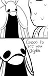 2_horns 2_panel_comic ambiguous_gender black_eyes black_text cloak clothed clothing dialogue duo horn looking_at_another male mouth_closed open_mouth simple_background talking_to_another text wet white_background white_head skeletorskeletonized hollow_knight team_cherry elderbug_(hollow_knight) the_knight_(hollow_knight) vessel_(species) 2020 5:8 comic english_text hi_res monochrome