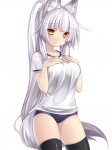 asian_clothing athletic_wear big_breasts black_clothing black_legwear blush bottomwear breast_suppress breasts buruma cleavage clothed clothing east_asian_clothing embarrassed female gym_uniform hair japanese_clothing legwear long_hair ponytail silver_hair simple_background solo tail thigh_highs uniform white_background yellow_eyes tsukumiya_amane animal_humanoid canid canid_humanoid canine canine_humanoid canis humanoid mammal mammal_humanoid wolf wolf_humanoid