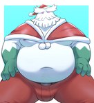 anthro belly big_belly bottomwear bulge christmas_clothing christmas_headwear clothing hat headgear headwear holidays kemono male overweight overweight_male pants santa_hat simple_background solo white_body o-ro christmas nintendo pokemon abomasnow generation_4_pokemon pokemon_(species) 2023 hi_res