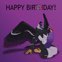 abdominal_bulge almost_fully_inside anthro balls beak belly big_balls big_penis black_beak black_body black_feathers bodily_fluids claws cock_vore erection feathers feet genital_fluids genitals group happy_birthday huge_balls huge_penis hyper hyper_balls hyper_genitalia hyper_penis knot knotted_penis larger_pred male male/male male_pred multiple_prey muscular_pred nude nude_male nude_pred oral_vore penile penis precum purple_background purple_body purple_feathers purple_knot purple_penis simple_background size_difference smile swallowing tail teeth text trio vore white_body white_feathers willing_pred zeanlain zeanlain_(character) accipitrid accipitriform avian bird eagle harpy_eagle 1:1 2022 colored english_text hi_res